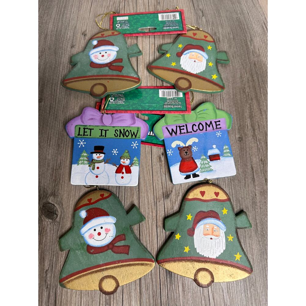 VTG Forever Beautiful Christmas Ornaments Wooden Bells Rustic Santa Snowman 6 pc